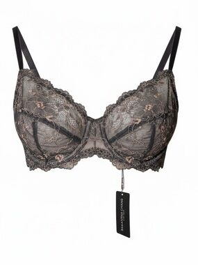 Samantha Chang Charcoal Lace Underwire Bra with Blush Embroidery